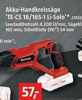 Bauhaus Akku-handkreissäge Te-cs 18-165-1 Li-solo Angebot