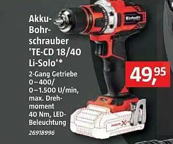 Bauhaus Akku-bohrschrauber Te-cd 18-40 Li-solo Angebot