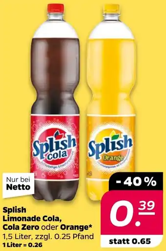 NETTO Splish Limonade Cola, Cola Zero oder Orange Angebot