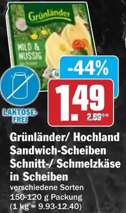 Hit Grünländer/ Hochland Sandwich-Scheiben Schnitt-/Schmelzkäse Angebot