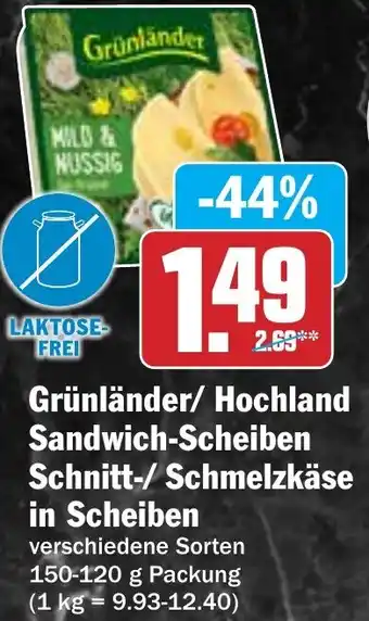 Hit Grünländer/ Hochland Sandwich-Scheiben Schnitt-/Schmelzkäse Angebot