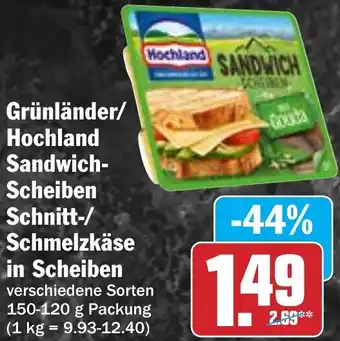 Hit Grünländer/ Hochland Sandwich Scheiben Schnitt-/ Schmelzkäse in Scheiben Angebot