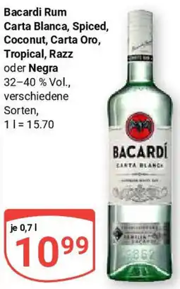 Globus Bacardi Rum Carta Blanca, Spiced, Coconut, Carta Oro, Tropical, Razz oder Negra Angebot