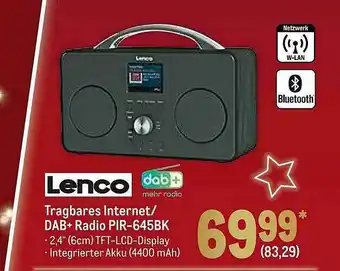 METRO Lenco Tragbares Internet Oder Dab+ Radio Pir-645bk Angebot