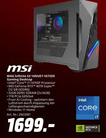 MediaMarkt Msi mag infinite s3 14nue7-1672de gaming desktop Angebot