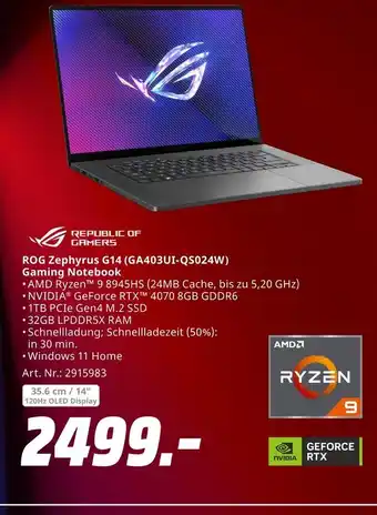 MediaMarkt Republic of gamers rog zephyrus g14 (ga403ui-qs024w) gaming notebook Angebot