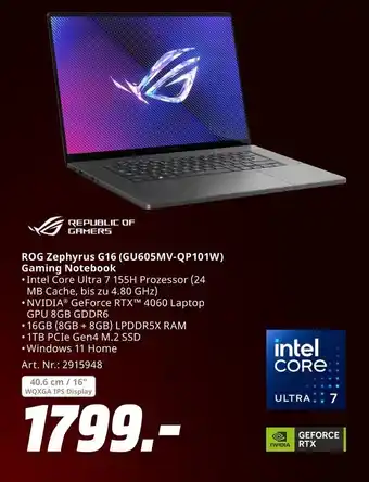 MediaMarkt Republic of gamers rog zephyrus g16 (gu605mv-qp101w) gaming notebook Angebot