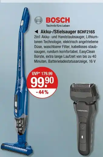 V Markt Bosch akku-/stielsauger bchf216s Angebot