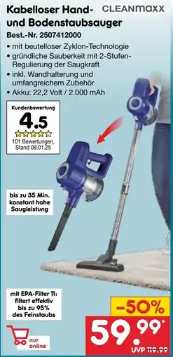 Netto Marken-Discount Cleanmaxx Kabelloser Hand- und Bodenstaubsauger Angebot