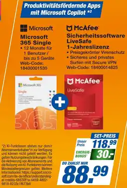 expert Techno Land Microsoft 365 Single oder McAfee Sicherheitssoftware LiveSafe 1-Jahreslizenz Angebot