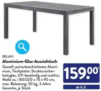 Aldi Süd BELAVI Aluminium-Glas-Ausziehtisch Angebot