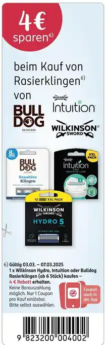 Rossmann Bulldog, intuition, wilkinson sword 4 €rasierklingen sparen Angebot