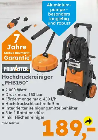 Globus Baumarkt PRIMASTER Hochdruckreiniger ,,PHB150" Angebot