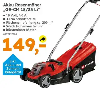 Globus Baumarkt Einhell Akku Rasenmäher ,,GE-CM 18/33 Li" Angebot