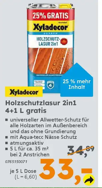 Globus Baumarkt Xyladecor Holzschutzlasur 2in1 4+1 L gratis Angebot