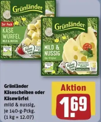 REWE Grünländer Käsescheiben oder Käsewürfel Angebot