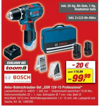 toom Baumarkt BOSCH Akku-Bohrschrauber-Set,,GSR 12V-15 Professional" Angebot