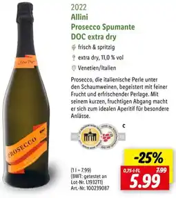 Lidl 2022 Allini Prosecco Spumante DOC extra dry Angebot