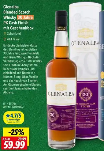 Lidl Glenalba Blended Scotch Whisky 30 Jahre PX Cask Finish mit Geschenkbox Angebot