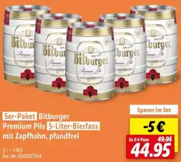 Lidl 5er-Paket Bitburger Premium Pils mit Zapfhahn, pfandfrei Angebot