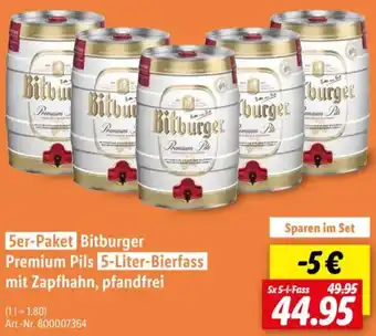 Lidl 5er-Paket Bitburger Premium Pils mit Zapfhahn, pfandfrei Angebot