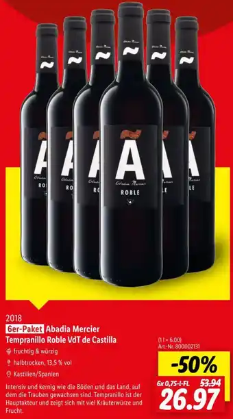 Lidl 6er-Paket Abadia Mercier Tempranillo Roble VdT de Castilla Angebot