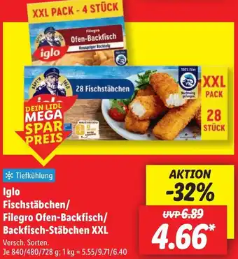 Lidl Iglo Fischstäbchen/ Filegro Ofen-Backfisch/ Backfisch-Stäbchen XXL Angebot