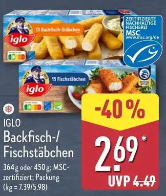 Aldi Nord IGLO Backfisch-/ Fischstäbchen Angebot