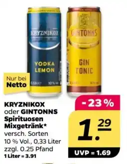 NETTO KRYZNIKOX oder GINTONNS Spirituosen Mixgetränk Angebot