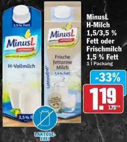 Hit MinusL H-Milch 1,5/3,5 % Fett oder Frischmilch Angebot