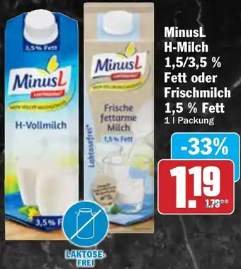 Hit MinusL H-Milch 1,5/3,5 % Fett oder Frischmilch Angebot