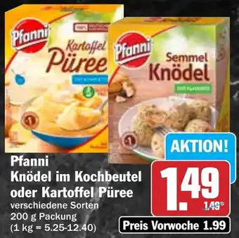 Hit Pfanni Knödel im Kochbeutel oder Kartoffel Püree Angebot