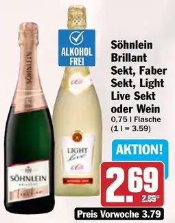 Hit Söhnlein Brillant Sekt, Faber Sekt, Light Live Sekt oder Wein Angebot