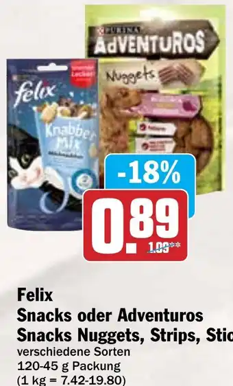 Hit Felix Snacks oder Adventuros Snacks Nuggets, Strips, Sticks Angebot