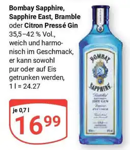 Globus Bombay Sapphire, Sapphire East, Bramble oder Citron Pressé Gin Angebot