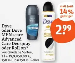 tegut Dove oder Dove MEN+care Advanced Care Deospray oder Roll on Angebot