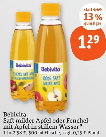 tegut Bebivita Saft milder Apfel oder Fenchel mit Apfel in stillem Wasser Angebot