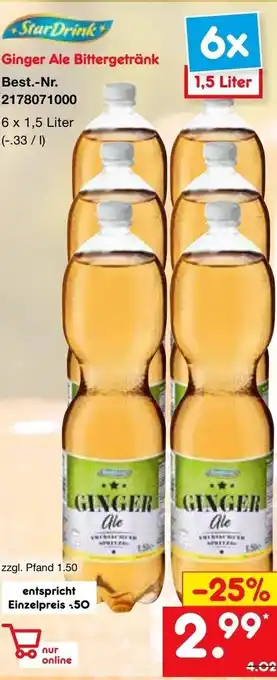 Netto Marken-Discount StarDrink Ginger Ale Bittergetränk 6x1,5L Angebot