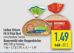 diska Lieken Urkorn Fit & Vital Brot, Bauernmild oder Roggenbäcker 400/500 g Packung Angebot