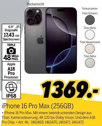 MEDIMAX Apple iPhone 16 Pro Max (256GB) Angebot