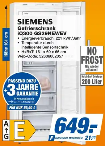 expert Techno Land SIEMENS Gefrierschrank iQ300 GS29NEWEV Angebot