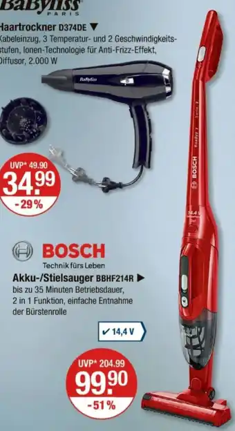 V Markt BOSCH Akku-/Stielsauger BBHF214R Angebot