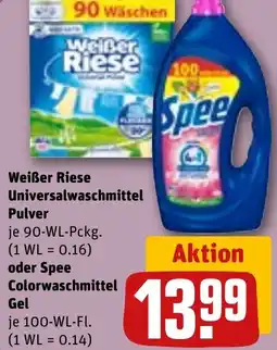 REWE Weißer Riese Universalwaschmittel Pulver oder Spee Colorwaschmittel Gel Angebot