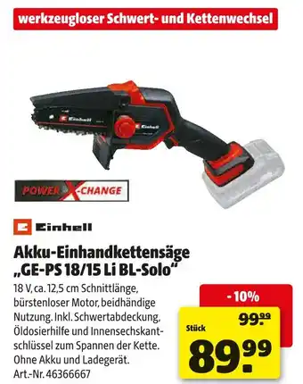 Hagebau Einhell akku-einhandkettensäge ge-ps 18/15 li bl-solo Angebot