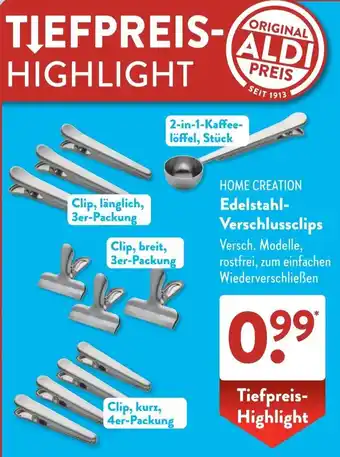 Aldi Süd HOME CREATION Edelstahl Verschlussclips Angebot