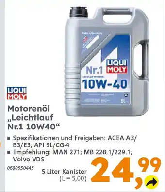 Globus Baumarkt LIQUI MOLY Motorenöl „Leichtlauf Nr.1 10W40" Angebot