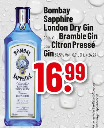 trinkgut Bombay sapphire london dry gin oder bramble gin oder citron pressé Angebot