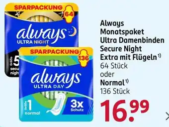 Rossmann Always Monatspaket Ultra Damenbinden Secure Night Extra mit Flügeln Angebot