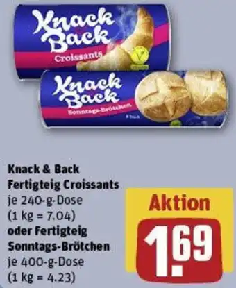 REWE Knack & Back Fertigteig Croissants oder Fertigteig Sonntags-Brötchen Angebot