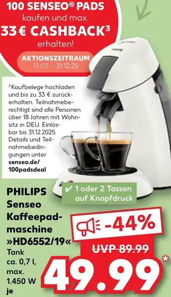 Kaufland PHILIPS Senseo Kaffeepadmaschine HD6552/19 Angebot